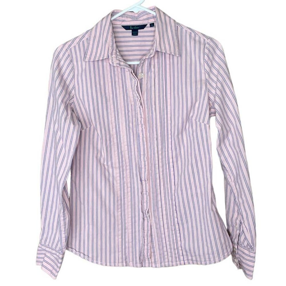 Boden Ruffle Front Button Up Shirt Long Sleeve Pink Striped Size 6